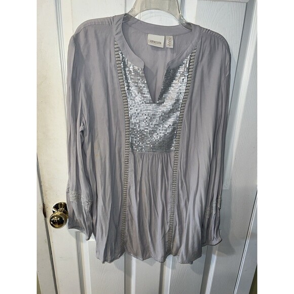Chicos shirt Womens 2 Sz L Gray Peasant Blouse Sequin Shine Tunic babydoll Glam - Picture 8 of 8